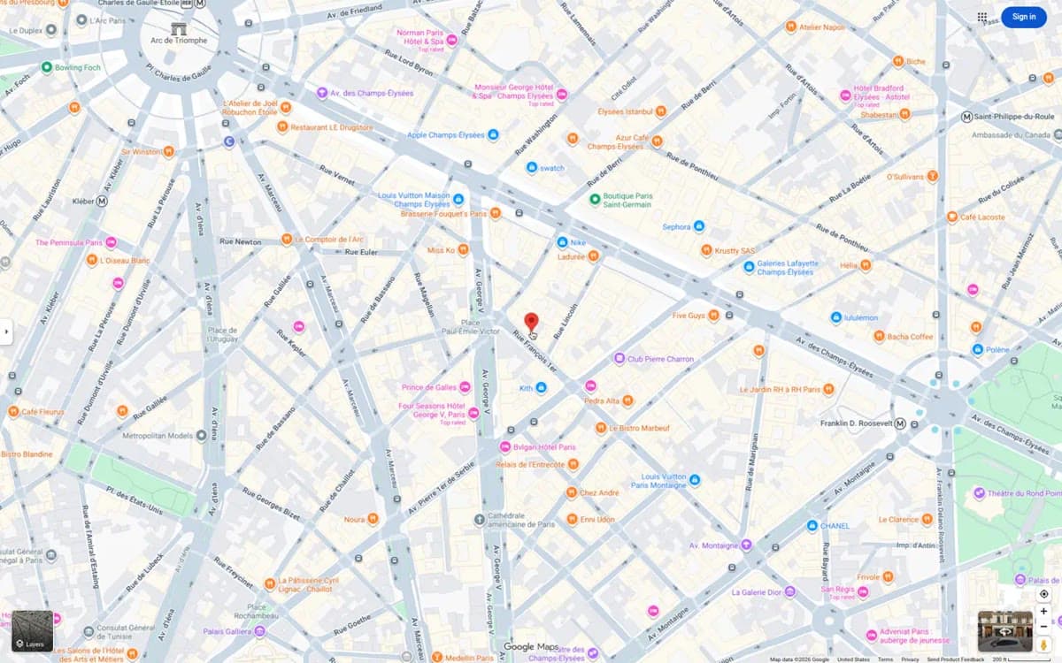 Google Maps image of the Paris City office at 60 Rue François 1er, 75008 Paris, France